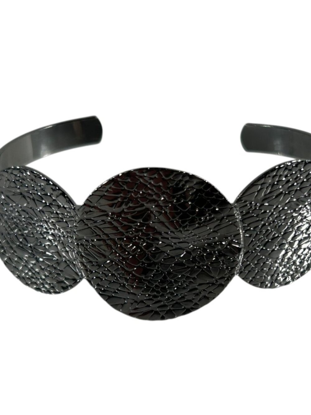 Black Textured Metal Open Cuff Bracelet Three Disc Statement Modern Industrial